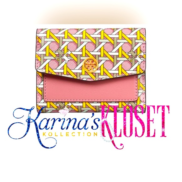 💛💖 Tory Burch Leather Bi-Fold Wallet, Pastel Pink, Yellow & White TB Wallet - Picture 1 of 10